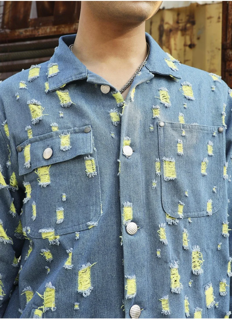 Campus Sutra Men's Blue Heavy Distressed Denim Jacket