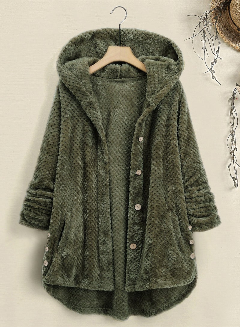Loquat Plus-Size Women's Cashmere Fashion Medium Long Plus-Size Hooded Coat Green - Image 1