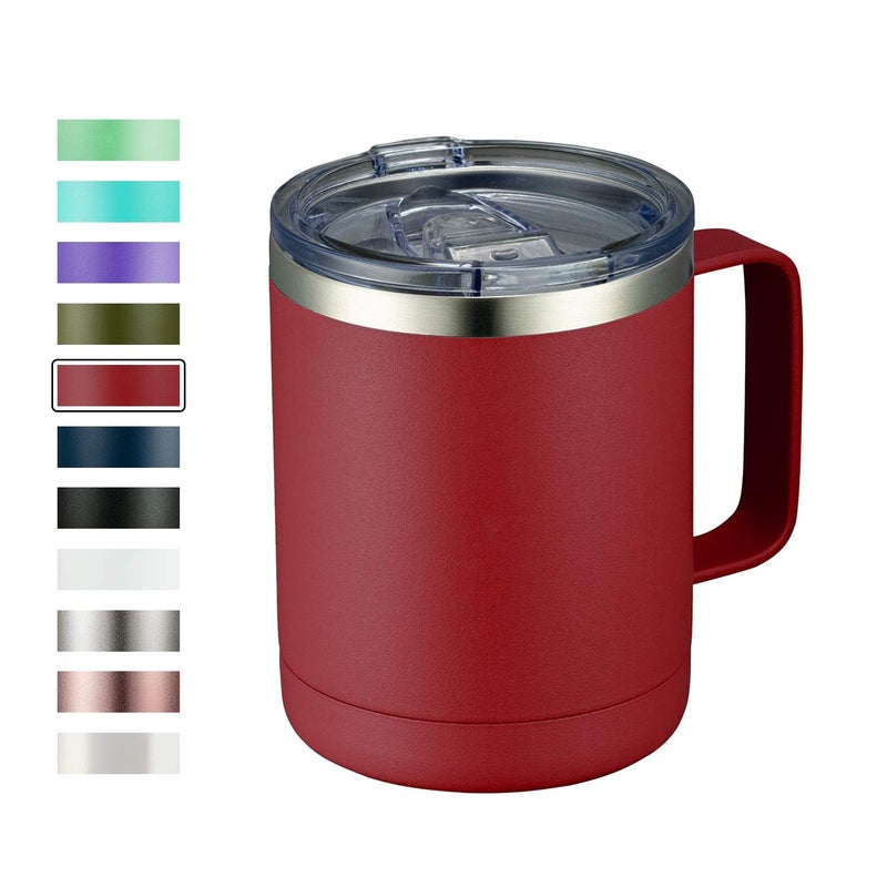 MEWAY كوب قهوة MEWAY سعة 12 أونصة مع مقبض وغطاء منزلق، كوب سفر من الفولاذ المقاوم للصدأ مع مقبض، كوب تخييم معزول مزدوج الجدار للمشروبات الساخنة والباردة (أحمر، مجموعة من 1) - Image 1