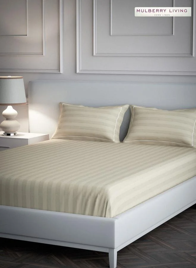 Mulberry Living 100% Cotton King Flat Bedsheet With 2 Pillow Covers - 300Tc Elysian Stripes - Beige