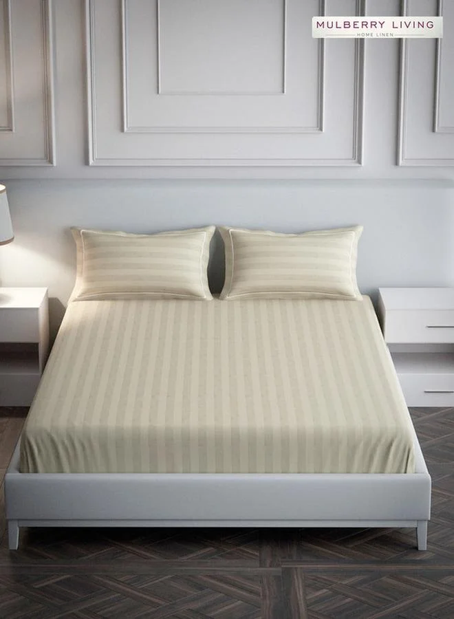 Mulberry Living 100% Cotton King Flat Bedsheet With 2 Pillow Covers - 300Tc Elysian Stripes - Beige