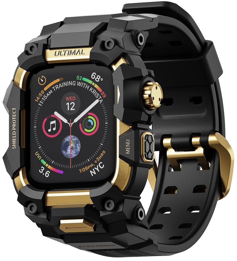 ULTIMAL Rugged Case with Band for Apple Watch 44mm,Compatible with Apple Watch Series SE 3/SE 2/SE Generation/6/5/4, Military Grade Shockproof Bumper Cover for iWatch Tactical Band Men (44mm,Gold) - Image 1