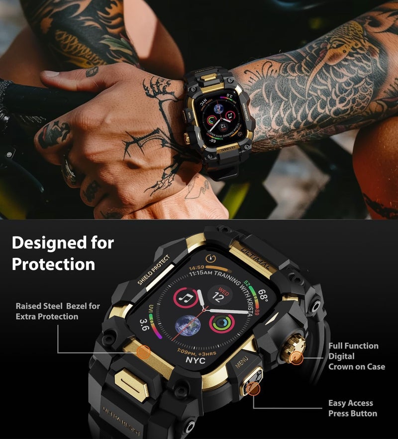 ULTIMAL Rugged Case with Band for Apple Watch 44mm,Compatible with Apple Watch Series SE 3/SE 2/SE Generation/6/5/4, Military Grade Shockproof Bumper Cover for iWatch Tactical Band Men (44mm,Gold) - Image 3