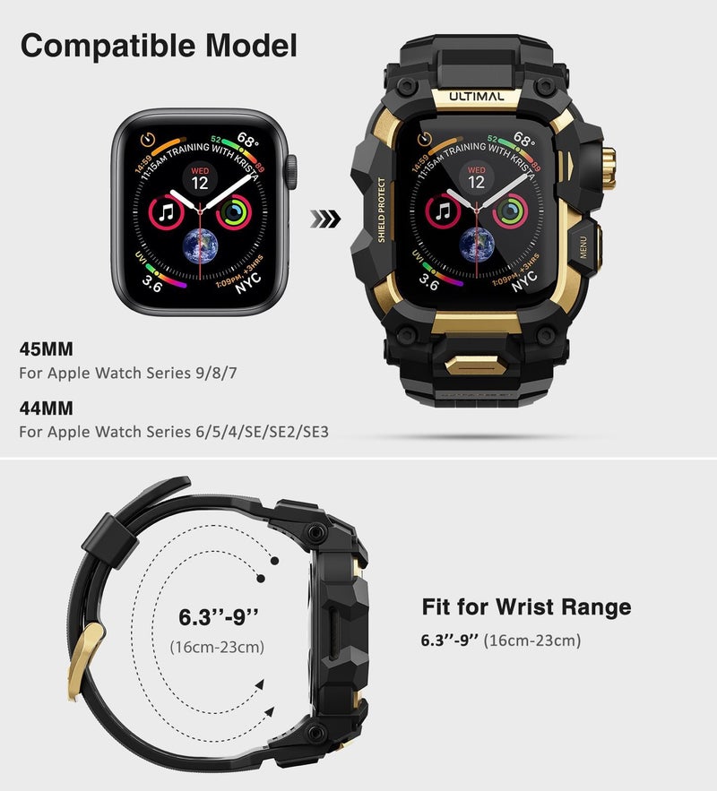 ULTIMAL Rugged Case with Band for Apple Watch 44mm,Compatible with Apple Watch Series SE 3/SE 2/SE Generation/6/5/4, Military Grade Shockproof Bumper Cover for iWatch Tactical Band Men (44mm,Gold) - Image 2