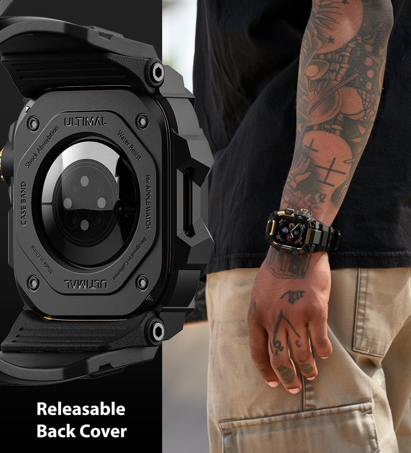 ULTIMAL Rugged Case with Band for Apple Watch 44mm,Compatible with Apple Watch Series SE 3/SE 2/SE Generation/6/5/4, Military Grade Shockproof Bumper Cover for iWatch Tactical Band Men (44mm,Gold) - Image 4