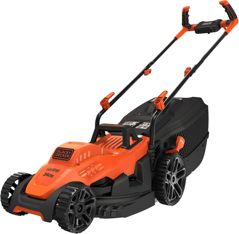 بلاك اند ديكر محصد العشب BLACK+DECKER 1400 واط، طول 34 سم، مزود بمقبض خاص بالدراجة، لاستخدامه في الحدائق والمساحات الخضراء، باللون البرتقالي/الأسود - BEMW461BH-GB - Image 1