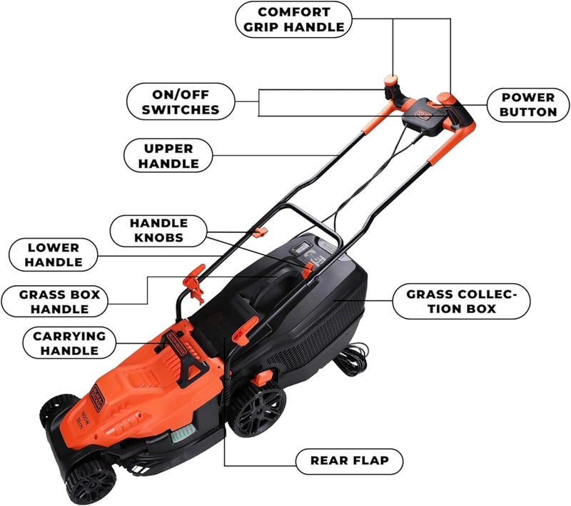بلاك اند ديكر محصد العشب BLACK+DECKER 1400 واط، طول 34 سم، مزود بمقبض خاص بالدراجة، لاستخدامه في الحدائق والمساحات الخضراء، باللون البرتقالي/الأسود - BEMW461BH-GB - Image 2