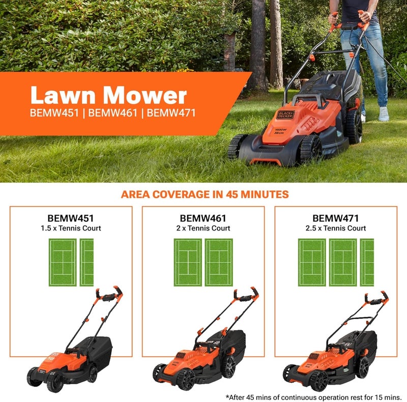 بلاك اند ديكر محصد العشب BLACK+DECKER 1400 واط، طول 34 سم، مزود بمقبض خاص بالدراجة، لاستخدامه في الحدائق والمساحات الخضراء، باللون البرتقالي/الأسود - BEMW461BH-GB - Image 5