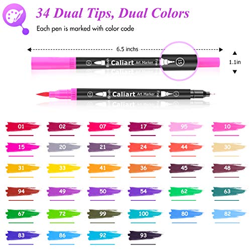 Caliart 34 Double Tip Brush Pens Art Markers, Artist Fine & Brush Pen Coloring Markers for Adult Book Cards Drawing Craft Kit Teacher Office Supplies - Image 2