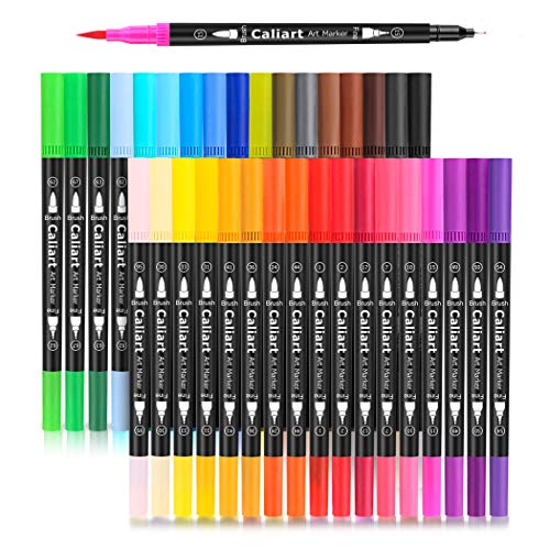 Caliart 34 Double Tip Brush Pens Art Markers, Artist Fine & Brush Pen Coloring Markers for Adult Book Cards Drawing Craft Kit Teacher Office Supplies - Image 1