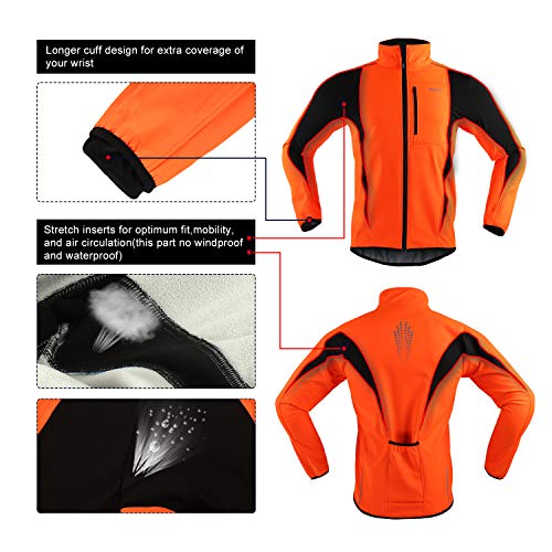 ARSUXEO Winter Warm UP Thermal Softshell Cycling Jacket Windproof Waterproof Bicycle Mountain Bike Clothes 15-K Orange Size X-Large - Image 5