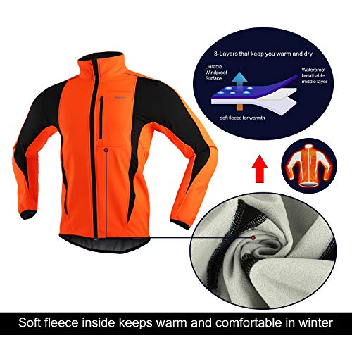 ARSUXEO Winter Warm UP Thermal Softshell Cycling Jacket Windproof Waterproof Bicycle Mountain Bike Clothes 15-K Orange Size X-Large - Image 3