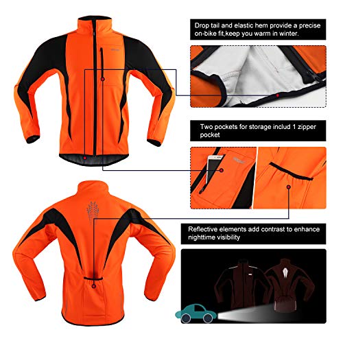 ARSUXEO Winter Warm UP Thermal Softshell Cycling Jacket Windproof Waterproof Bicycle Mountain Bike Clothes 15-K Orange Size X-Large - Image 4