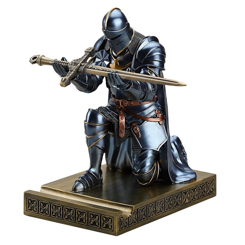 Amoysanli Medieval Armored Warrior Wearing Outerwear, Mobile Phone Stand Knight Pen Holder Desk Organizers, Resin Bookends Paperweight with a Letter Opener for Desk (Blue) - Image 1