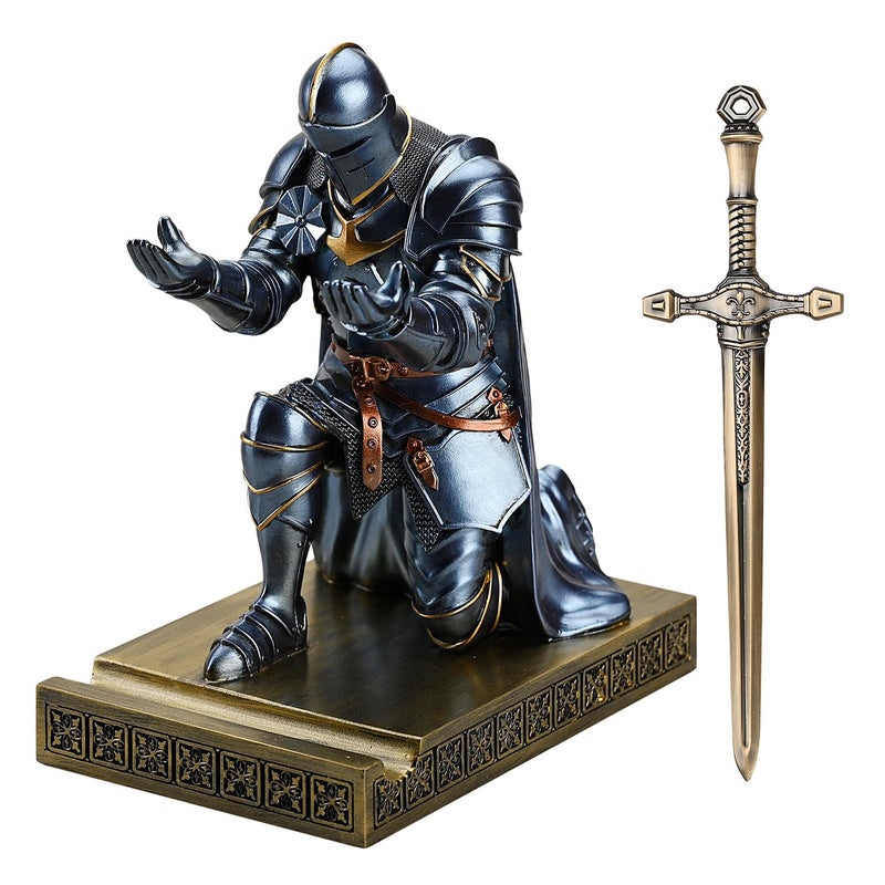 Amoysanli Medieval Armored Warrior Wearing Outerwear, Mobile Phone Stand Knight Pen Holder Desk Organizers, Resin Bookends Paperweight with a Letter Opener for Desk (Blue) - Image 2