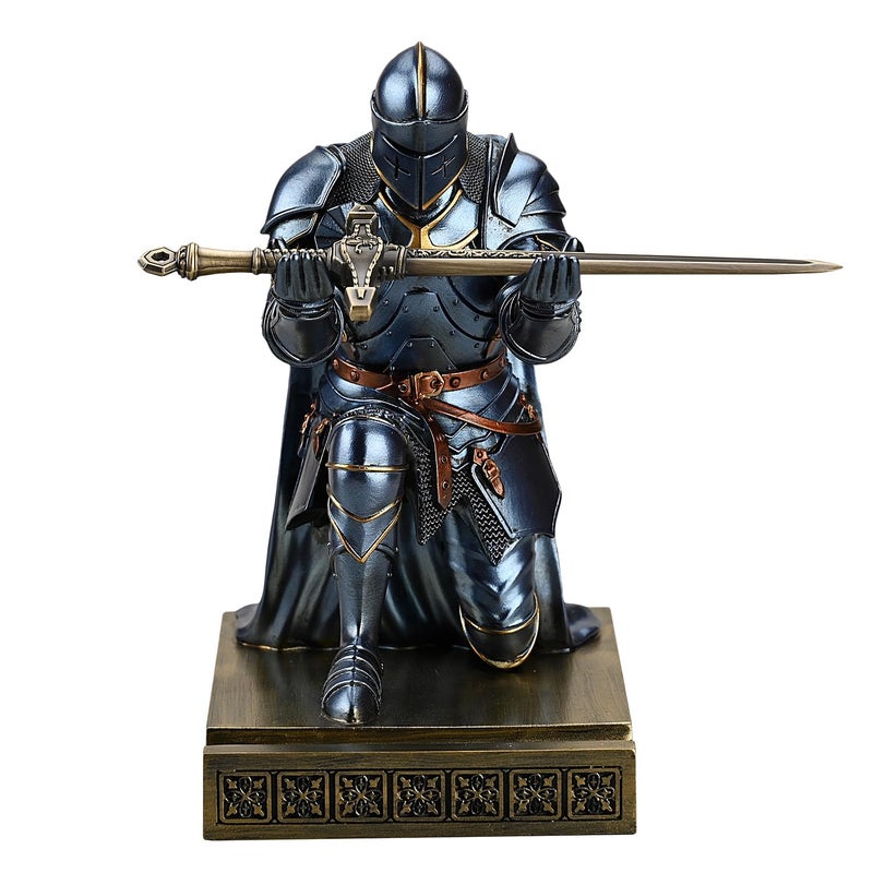 Amoysanli Medieval Armored Warrior Wearing Outerwear, Mobile Phone Stand Knight Pen Holder Desk Organizers, Resin Bookends Paperweight with a Letter Opener for Desk (Blue) - Image 3