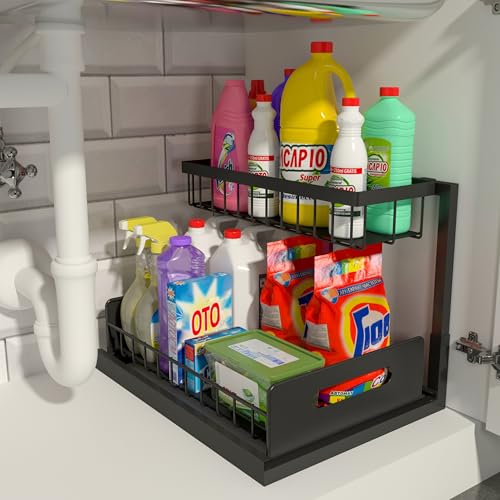 REALINN Under Sink Organizer, Pull Out Cabinet Storage 2 Tier Slide Out Sink Shelf, Kitchen Organizers and Storage, Black, 1 Pack - Image 1
