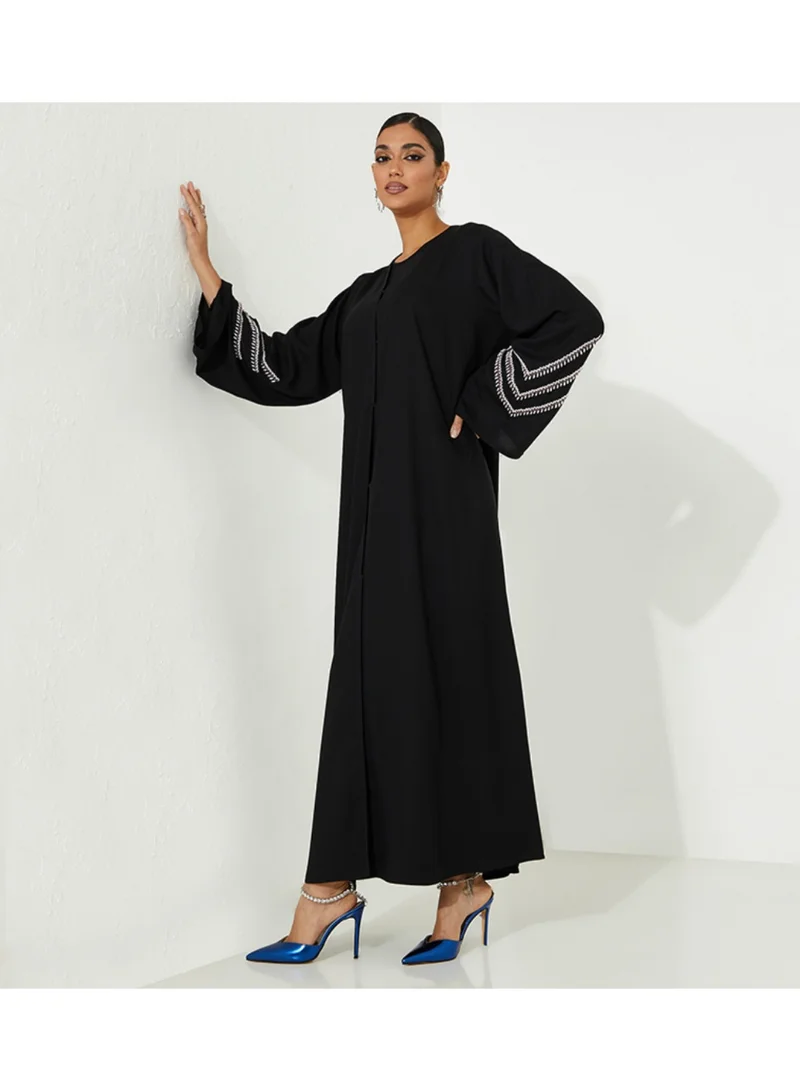 Rosette Abaya Black open Abaya   with pearl purple embroidery design