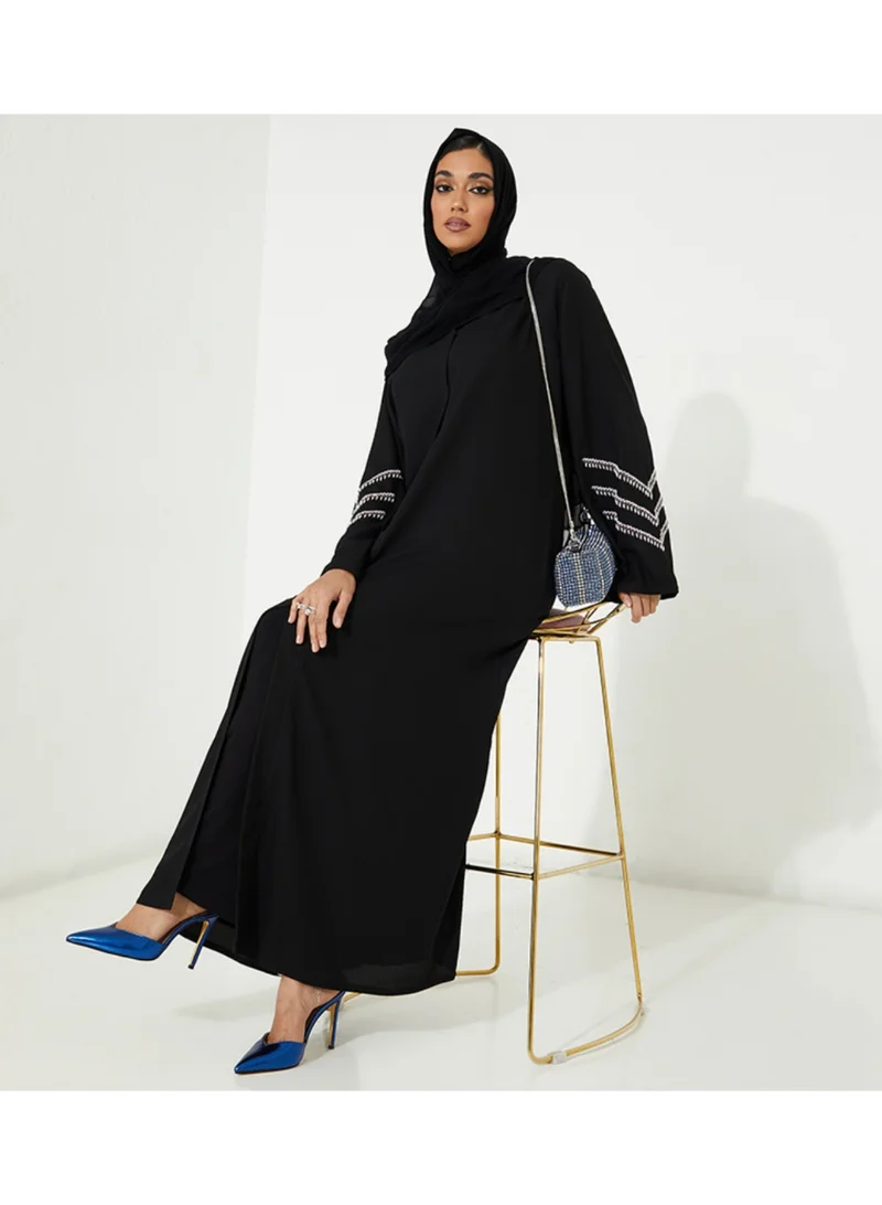 Rosette Abaya Black open Abaya   with pearl purple embroidery design