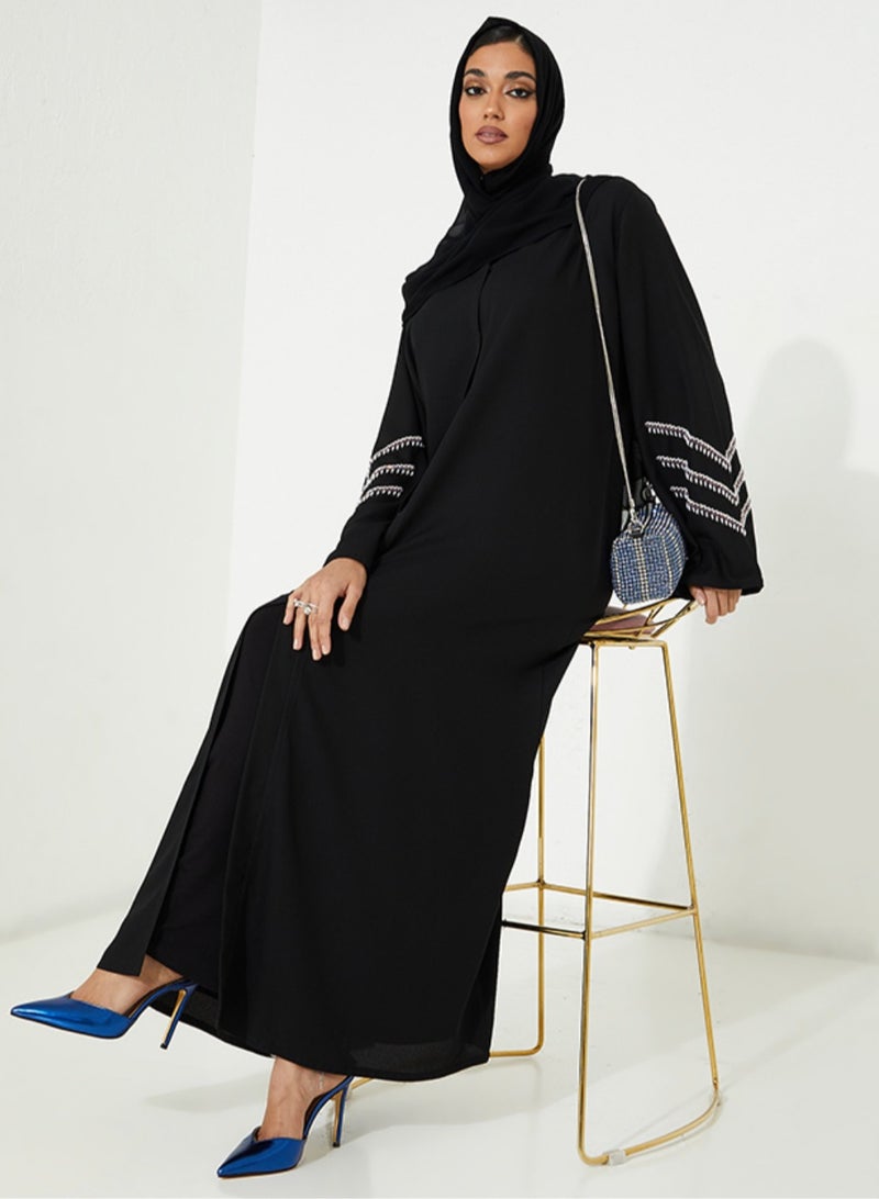 Rosette Abaya Embroidered Abaya with pearl purple design on Sleeves - Image 1