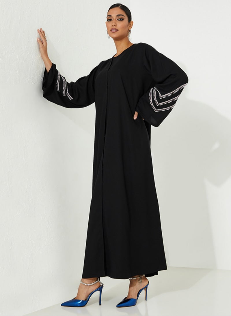 Rosette Abaya Embroidered Abaya with pearl purple design on Sleeves - Image 4