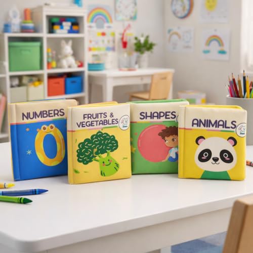Storio Baby Cloth Books Set of 4 – Soft Sensory Books with Crinkle Sound | Washable Early Learning Toys for Babies | Animals, Numbers, Shapes, Fruits & Vegetables | Non-Toxic Gift 6+ Months - Image 1