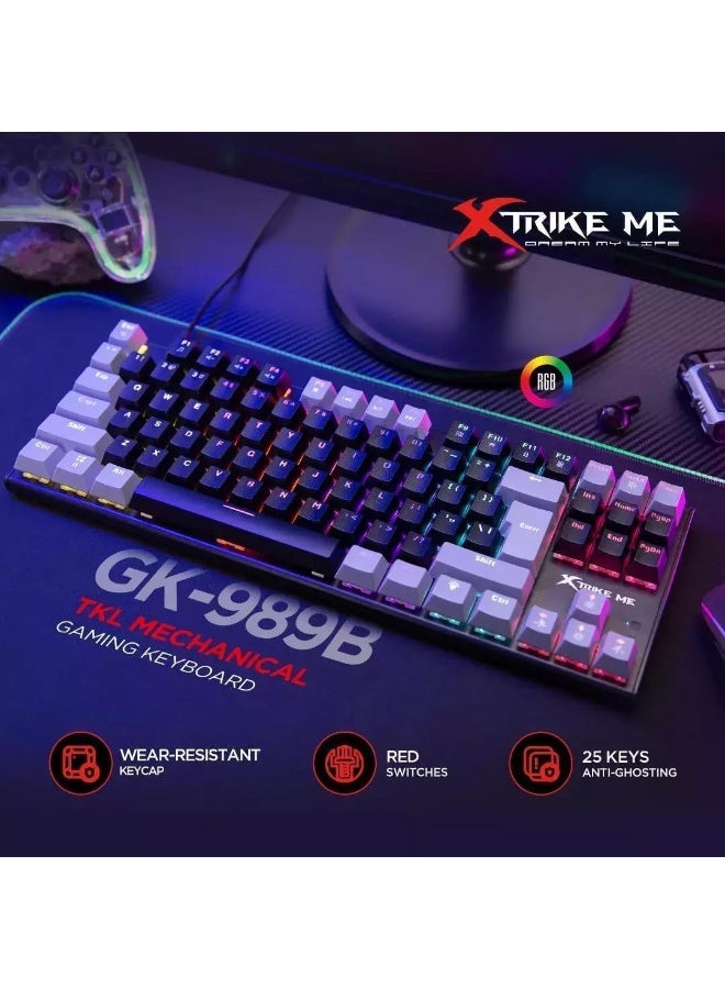 XTRIKE ME GK-989B Gaming Mechanical Keyboard USB Wired TKL Size - RED Switches - Rainbow Back Lighting - ENG Double injection key caps Illumination | Grey/Black - Image 4