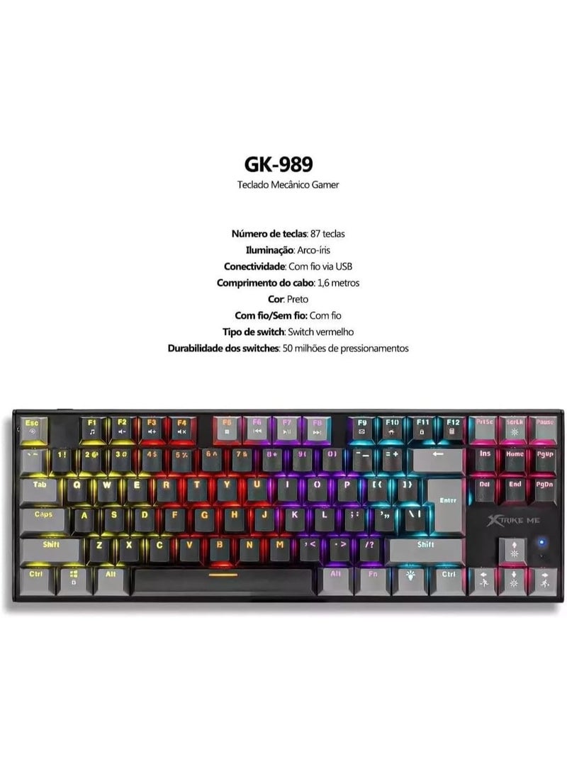 XTRIKE ME GK-989B Gaming Mechanical Keyboard USB Wired TKL Size - RED Switches - Rainbow Back Lighting - ENG Double injection key caps Illumination | Grey/Black - Image 3