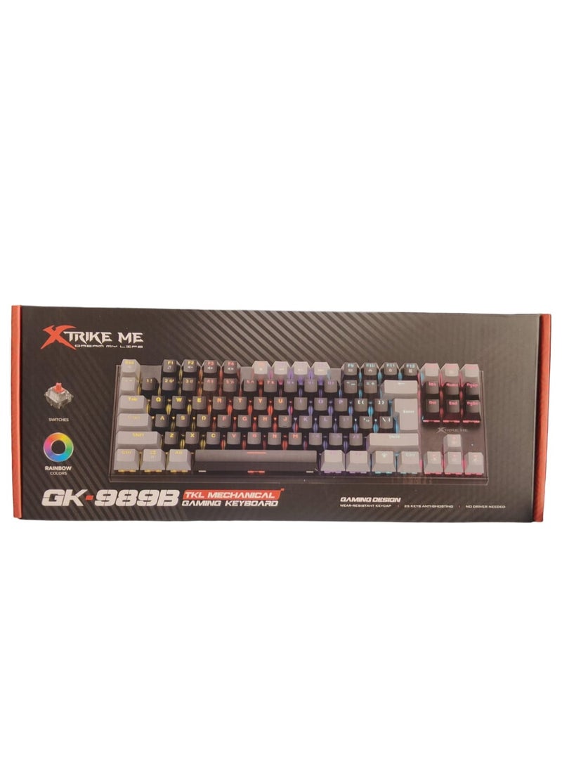 XTRIKE ME GK-989B Gaming Mechanical Keyboard USB Wired TKL Size - RED Switches - Rainbow Back Lighting - ENG Double injection key caps Illumination | Grey/Black - Image 2