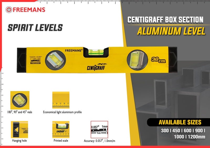 FREEMANS CL330 Centigraff Box Section Aluminium Level and Printed scale with 3 Vials - 30cm - Image 2