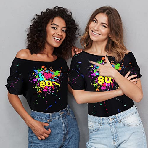 Coume 80s Costume Outfit for Woman Love off the Shoulder T Shirts Novelty Neon Top Clothes for Costume Mid Sleeve Length(3XL) - Image 5