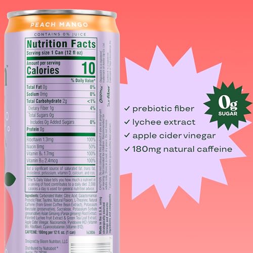 Bloom Nutrition Sparkling Energy Drink - Natural Caffeine, Zero Sugar, 180mg Caffeine - Antioxidant-Rich w/Green Coffee Bean, Green Tea Extract, Prebiotics - 12oz 12 pk - Image 4