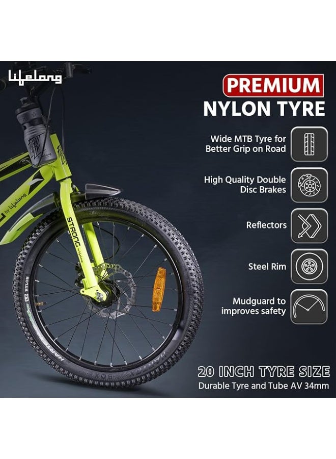 Lifelong Strong 20T SS Kids' Cycle for Ages 5-9|20" Inches Steel Frame,Dual Disc Brakes|Adjustable Saddle|Chain Cover|Steel Rim with Black ED Spokes|Mudguards|Water Bottle with Holder|Multi Speed Gear - Image 3