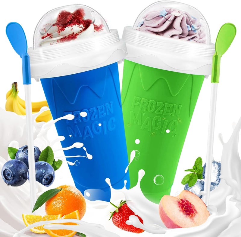 FANS-ONE Slushie Cup, 2 Pack Slushy Maker Cup, Frozen Magic Squeeze Cups for Juice Milk Yogurt Ice Cream Make, DIY Smoothie Cooling Cup with Lid & Straw for Kids Friends Family (Blue+Green) - Image 1