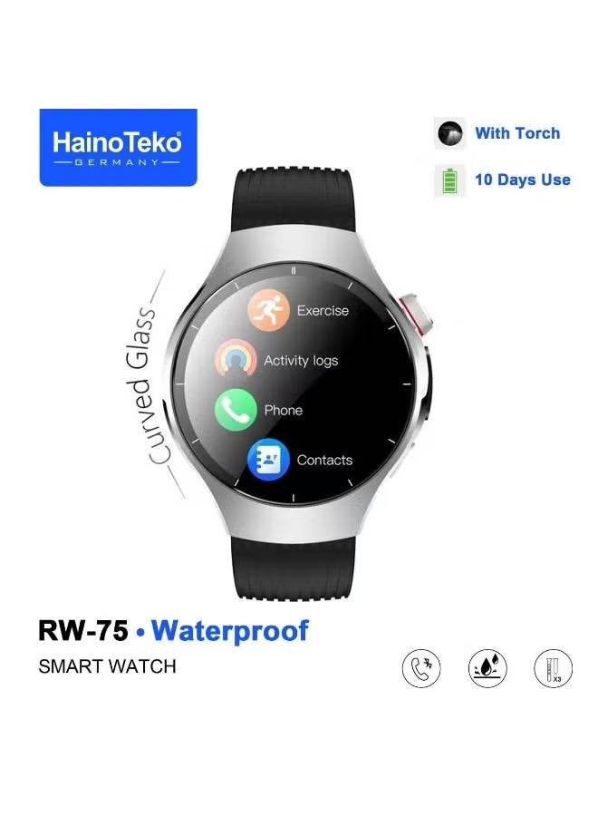 Haino Teko RW-75 Waterproof Smart Watch with Curved AMOLED Display, Bluetooth Calling, Smart Health Monitoring and Multiple Sports Modes, Long Battery Performance Fitness Tracker with Intelligent Notifications, Premium Silver Design for Gents, Includes 3 Interchangeable Stylish Straps and Charging Cable for Daily Office and Active Lifestyle Use - Image 2