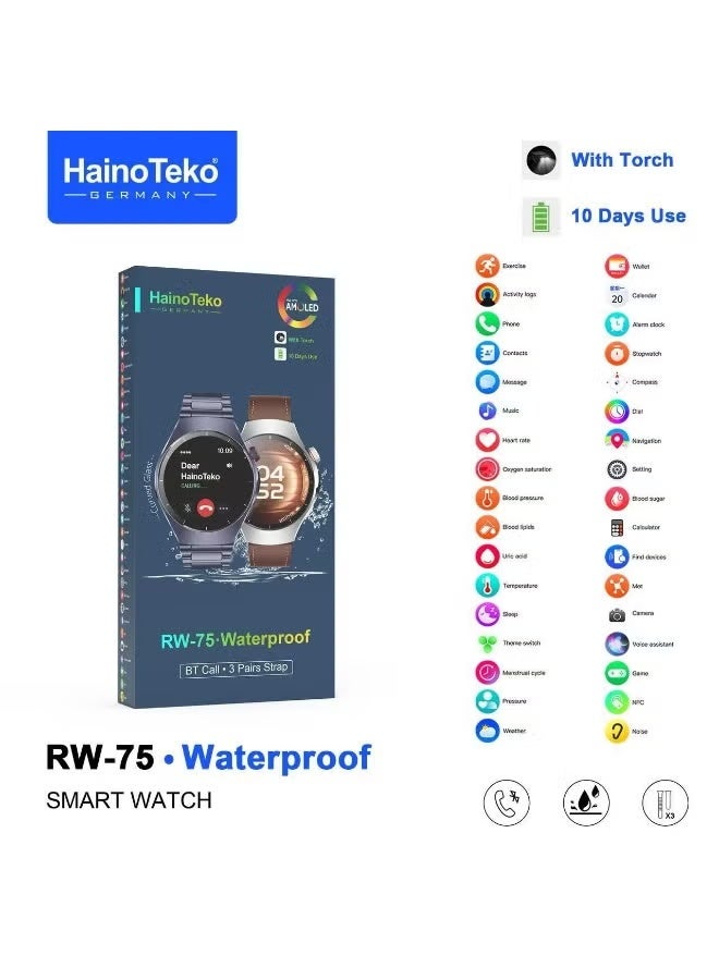Haino Teko RW-75 Waterproof Smartwatch – Curved AMOLED Display, Bluetooth Calling, Health Monitoring, Multiple Sports Modes, Long Battery, Intelligent Notifications, Premium Silver, 3 Interchangeable Straps, Daily & Active Use for Men - Image 1