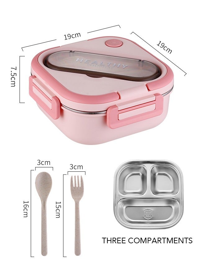 Lunch Box with Spoon Fork 304 Stainless Steel Bento box 3 Compartments Lunch Box Container for Kids and Adults Food Safe Materials and Leak Proof（PINK） - Image 2