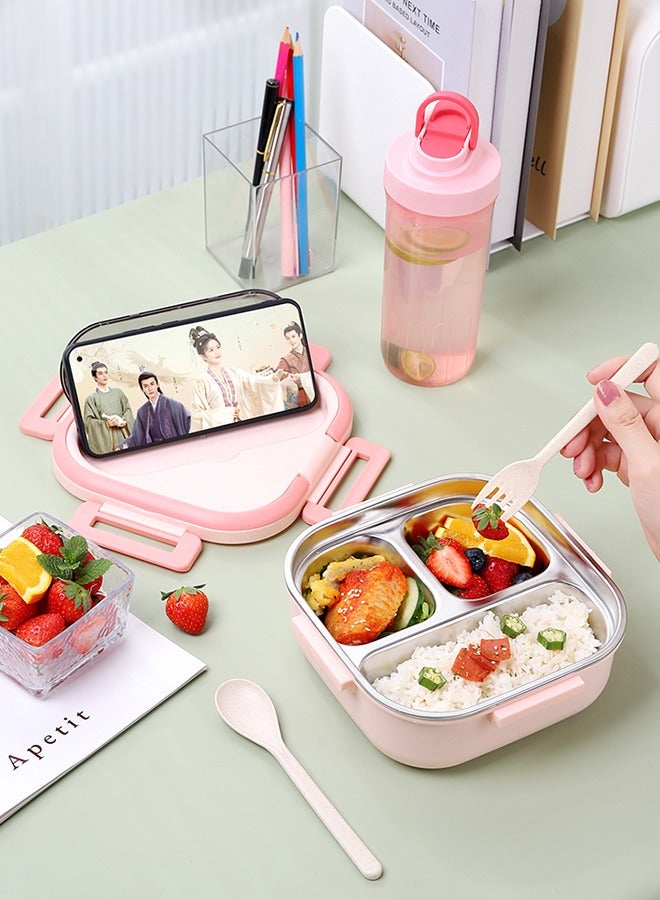 Lunch Box with Spoon Fork 304 Stainless Steel Bento box 3 Compartments Lunch Box Container for Kids and Adults Food Safe Materials and Leak Proof（PINK） - Image 3