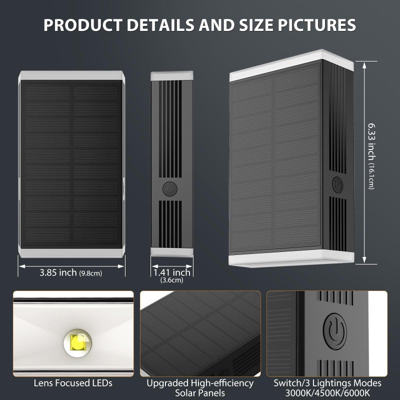 UGDLUCK Solar Wall Light Outdoor , 3000/4000/6000K 3 Modes Dusk to Dawn Lighting Wall Sconce IP67 Waterproof Up and Down Solar Lights Outdoor Front Door Light for House, Garage, Porch, Doorway,Fence (6PACK) - Image 2