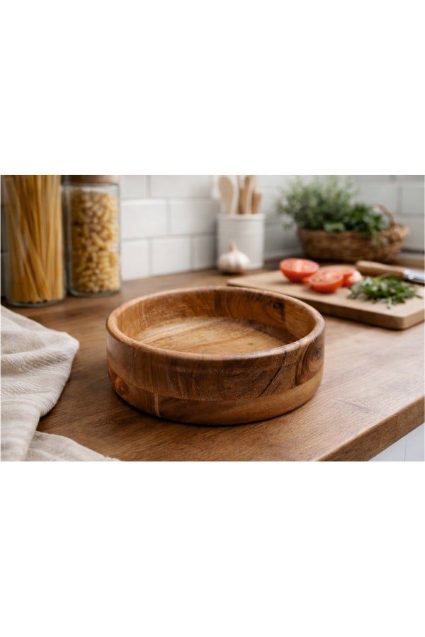 Aanya Homecraft Premium Wood Salad Bowl 21cm – Handcrafted Medium Round Serving Bowl for Salads, Fruits, Pasta & Family Dining, Natural Brown - Image 3