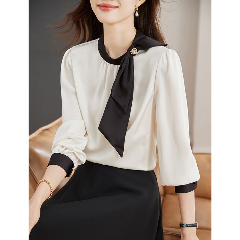 Real shot 2024 spring new Korean style versatile bow color matching long sleeve satin shirt womens fashionable round neck top White