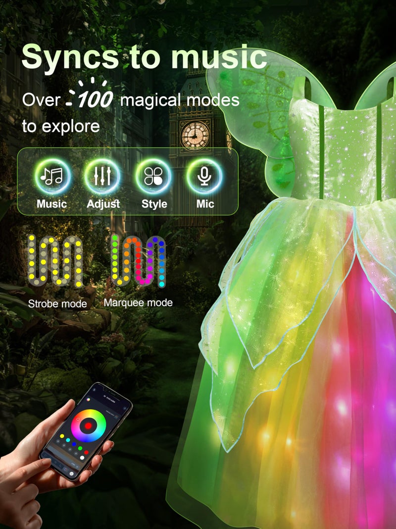UPORPOR Princess Dresses for Girls, Lights RGB Music Sync Halloween Costume with App Control Remote, Cosplay Dress Up Clothes for Girls with Wing & Accessories Green Fairy Dress Princess Ball Gown Kids - Image 2