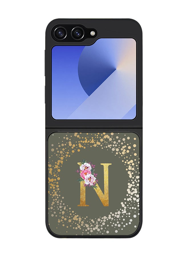 Stylizedd Rugged Black edge case for Samsung Galaxy Z Flip7 FE, Slim fit Case Cover - Custom Monogram Initial Letter Floral Pattern Alphabet - N (Olive Green ) - Image 1