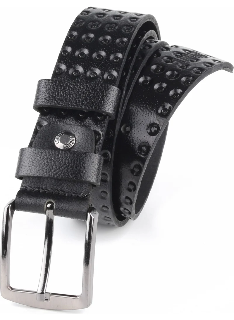 Lugmo Leather Men's Belt 4 cm Dot Patterned Black