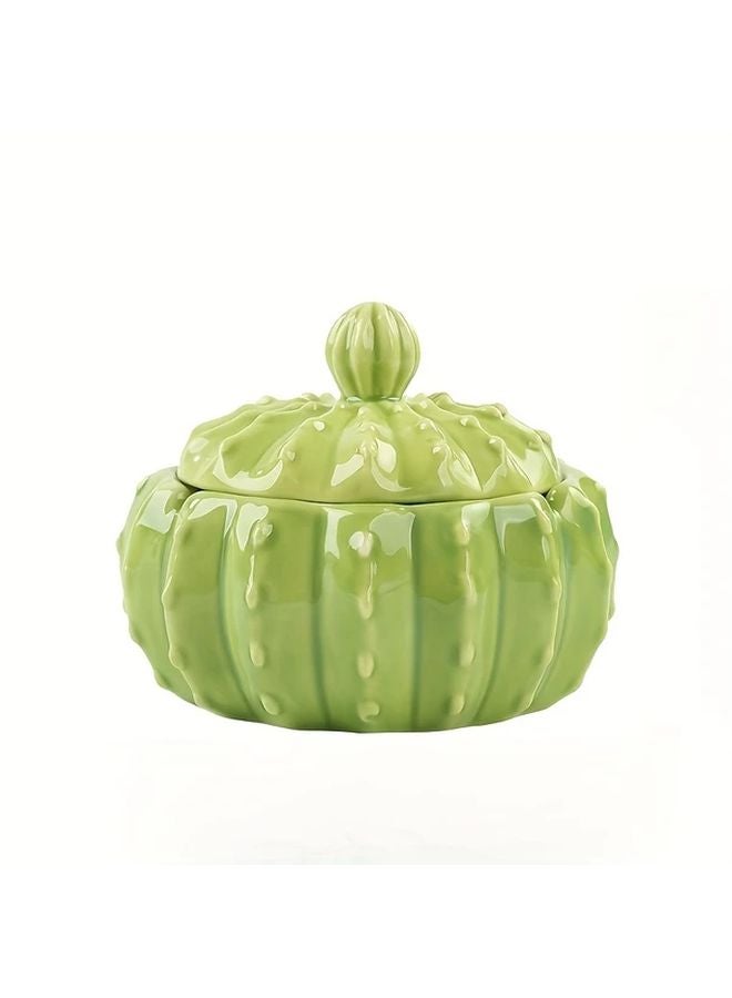 Green Cactus Ceramic Ashtray With Lid Smoke Proof Durable Design For Home Office - Image 1