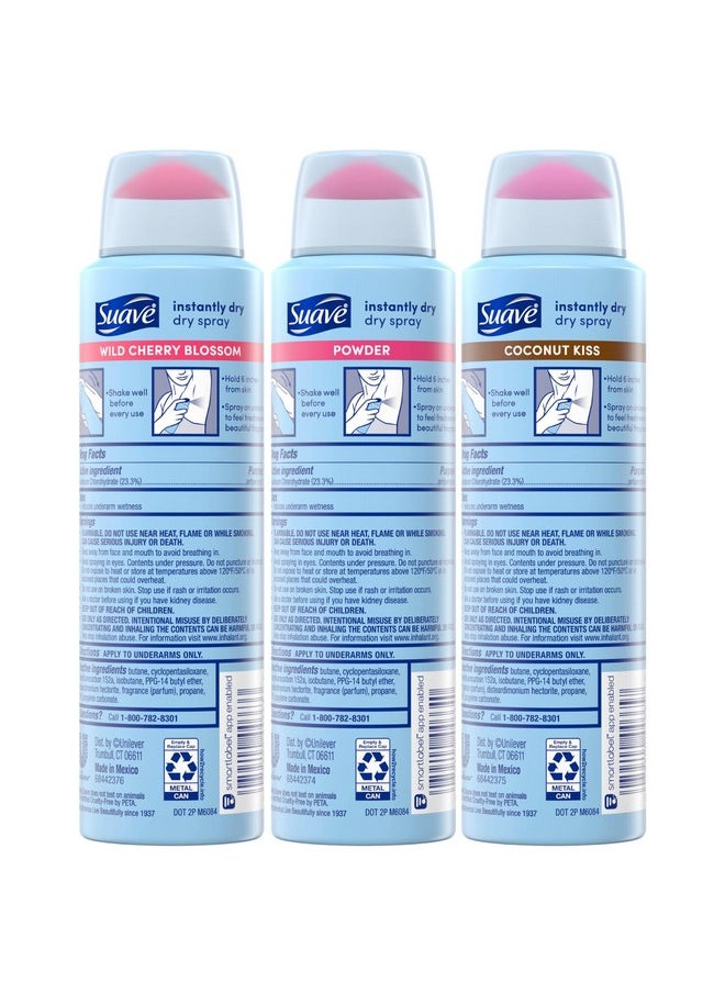 Suave - Deodorant For Women, Dry Spray Antiperspirant Variety Pack - Powder, Coconut Kiss & Cherry Blossom, Dries Instantly, 48H Protection, 3.8 Oz Ea (3 Piece Set) - Image 1