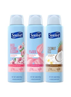 Deodorant For Women, Dry Spray Antiperspirant Variety Pack - Powder, Coconut Kiss & Cherry Blossom, Dries Instantly, 48H Protection, 3.8 Oz Ea (3 Piece Set)