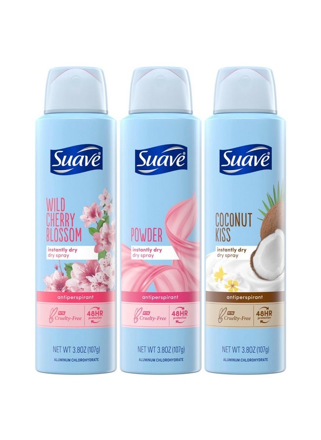 Suave - Deodorant For Women, Dry Spray Antiperspirant Variety Pack - Powder, Coconut Kiss & Cherry Blossom, Dries Instantly, 48H Protection, 3.8 Oz Ea (3 Piece Set) - Image 1
