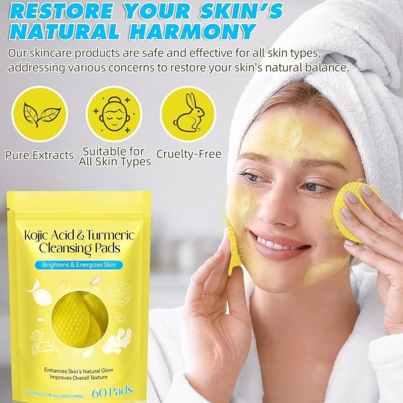 BHHB Kojic Acid and Turmeric Cleansing Pads for Dark Spots, Skin Brightening & Acne Prevention, with Vitamin B5, Vitamin C, Turmeric Infused Foaming Exfoliating Pads, Face for All Skin Types (Pack of 1, 60Pcs) - Image 3