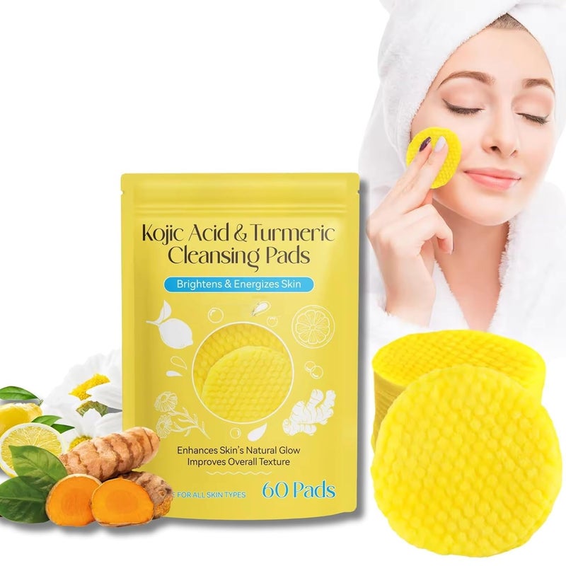 BHHB Kojic Acid and Turmeric Cleansing Pads for Dark Spots, Skin Brightening & Acne Prevention, with Vitamin B5, Vitamin C, Turmeric Infused Foaming Exfoliating Pads, Face for All Skin Types (Pack of 1, 60Pcs) - Image 1